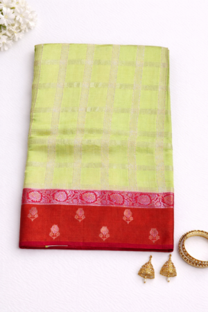 Lime Green Mango Silk Saree with Contrast Red Zari Border