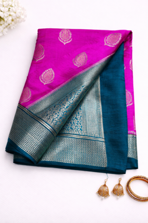 Elegant Magenta Mango Silk Saree with Deep Blue Contrast Pallu and Zari Border