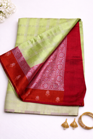 Elegant Lime Green Mango Silk Saree with Red Contrast Zari Border and Subtle Woven Checks