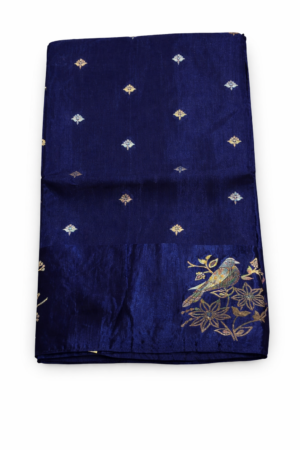 Rich navy blue Matka silk saree featuring delicate gold buti motifs, an elegant woven pallu, and artistic border detailing for a refined traditional look.