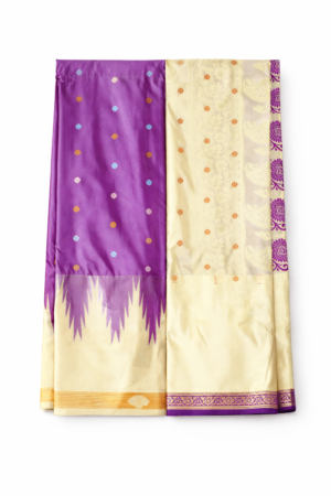 Elegant purple semi Gadwal saree paired with a soft cream contrast pallu and traditional woven border for a timeless festive look.