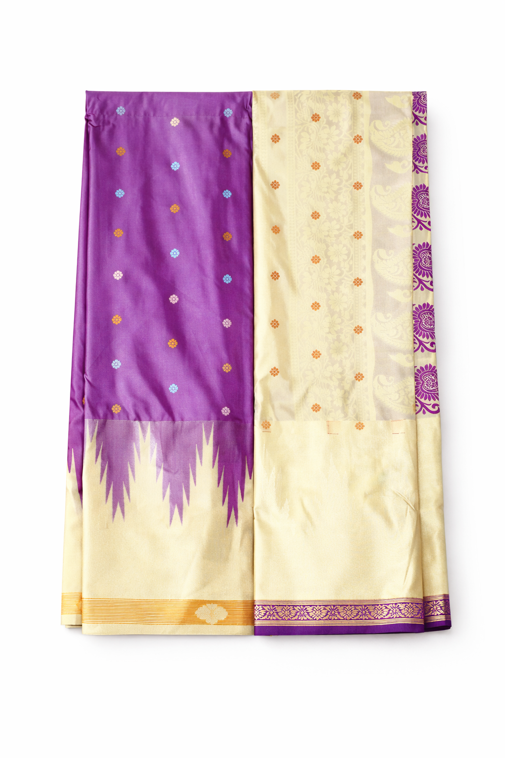 Elegant purple semi Gadwal saree paired with a soft cream contrast pallu and traditional woven border for a timeless festive look.