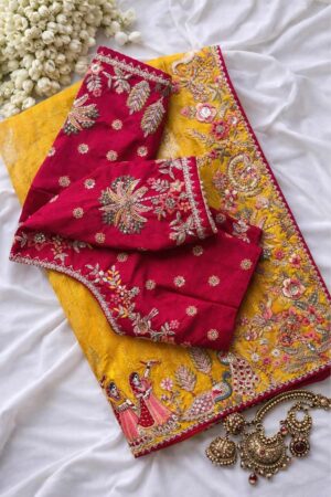 Mustard Yellow Designer Organza Saree with Rani Pink Heavy Embroidered Blouse