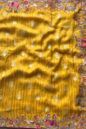 Mustard Yellow Designer Organza Saree with Rani Pink Heavy Embroidered Blouse