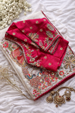 A breathtaking off white designer organza saree paired with a vibrant rani pink embroidered blouse and richly detailed multicolor border work, crafted for luxurious festive and wedding celebrations.