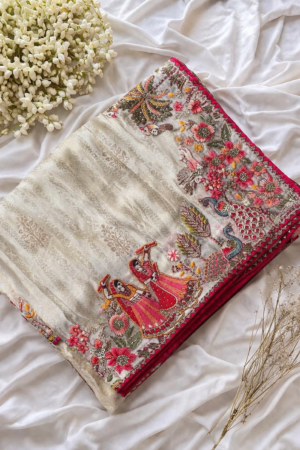 A breathtaking off white designer organza saree paired with a vibrant rani pink embroidered blouse and richly detailed multicolor border work, crafted for luxurious festive and wedding celebrations.