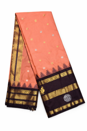 Elegant Orange Semi Gadwal Saree with Contrast Deep Brown Border, Gold Zari Detailing and Rich Traditional Pallu