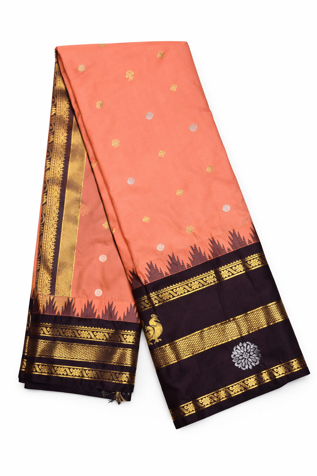 Elegant Orange Semi Gadwal Saree with Contrast Deep Brown Border, Gold Zari Detailing and Rich Traditional Pallu