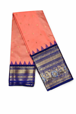 Orange Semi Gadwal Saree with Royal Blue Zari Border & Rich Pallu