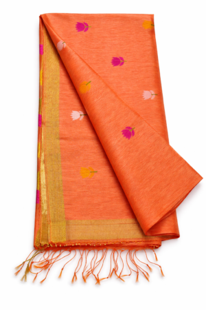 Elegant peach orange linen Jamdani saree featuring vibrant floral butis, subtle texture, and a soft zari border with tassel finish for graceful everyday festive charm.