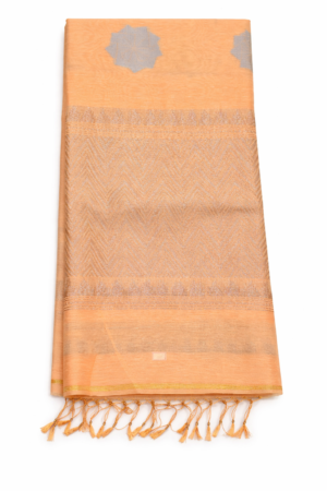 Soft peach fancy Jamdani saree featuring elegant silver woven motifs and a richly textured zari pallu for graceful festive sophistication.
