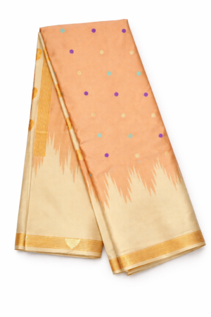 Graceful peach semi Gadwal saree with multicolor buti accents, soft cream contrast detailing, and a refined traditional festive finish.