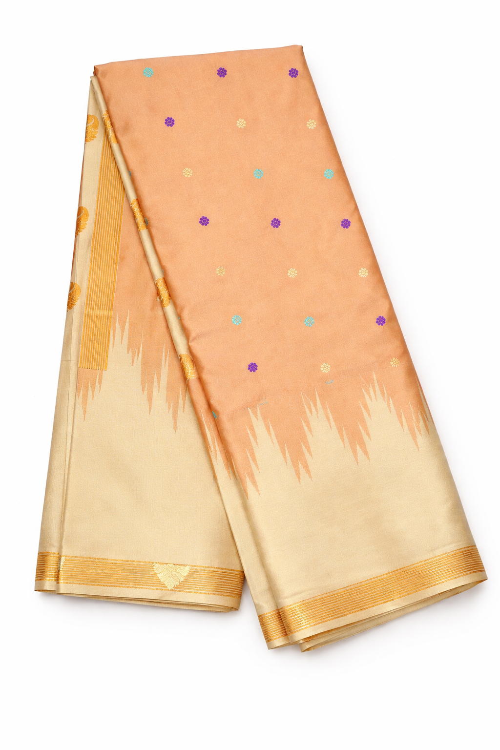 Graceful peach semi Gadwal saree with multicolor buti accents, soft cream contrast detailing, and a refined traditional festive finish.