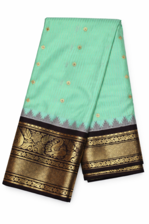 Graceful Mint Green Semi Gadwal Saree with Gold Butis, Fine Zari Stripes and Statement Antique Gold Border