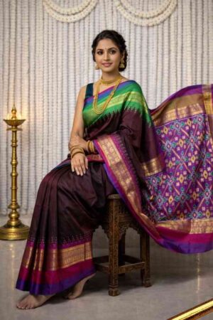 Black Pochampally Ikat silk saree with green and purple contrast border, purple Ikat pallu, and zari woven detailing
