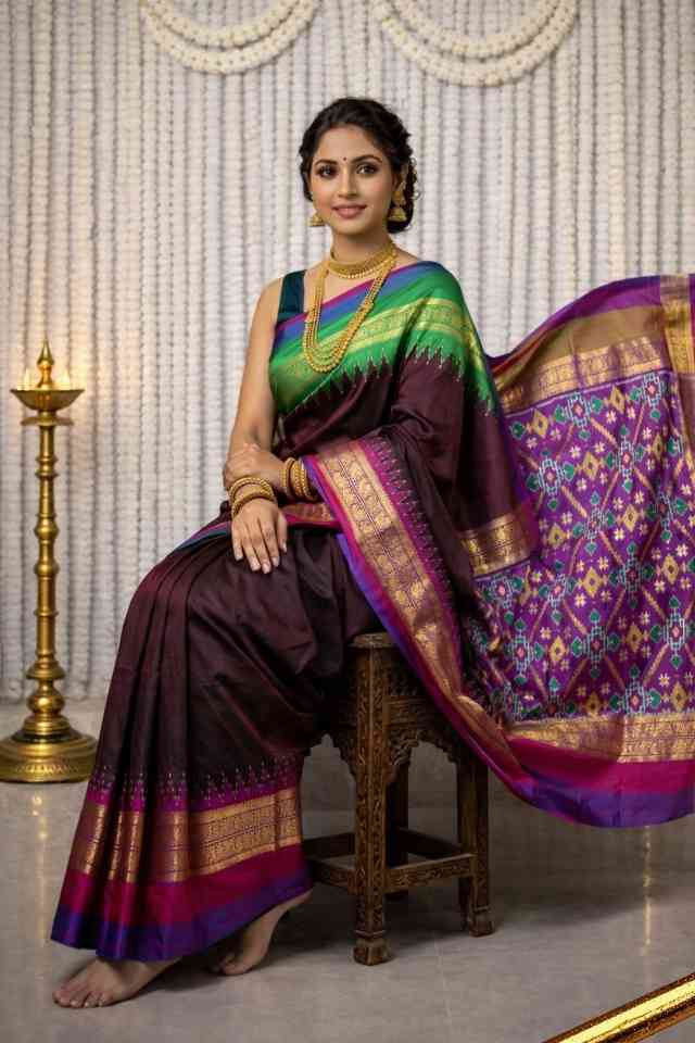 Black Pochampally Ikat silk saree with green and purple contrast border, purple Ikat pallu, and zari woven detailing