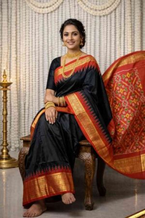 black Pochampally Ikat silk saree with red contrast border, red Ikat pallu, and zari woven detailing