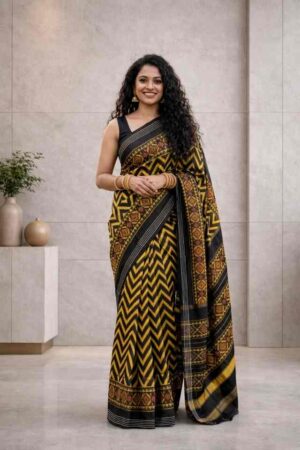 Black Yellow Pochampally Ikat Saree with Contrast Border & Rich Designer Pallu