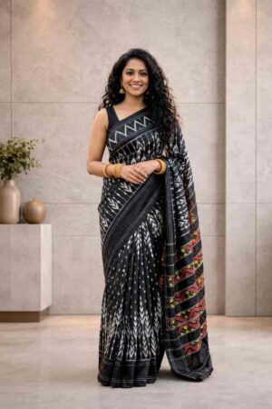 Black Pochampally Ikat saree with white contrast weave and designer pallu