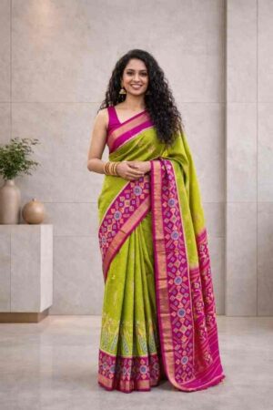 Lime green Pochampally Ikat saree with pink contrast border and rich woven pallu