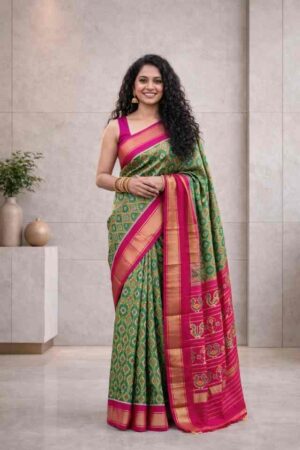 Green Pochampally Ikat Saree with Magenta Contrast Border & Rich Pallu