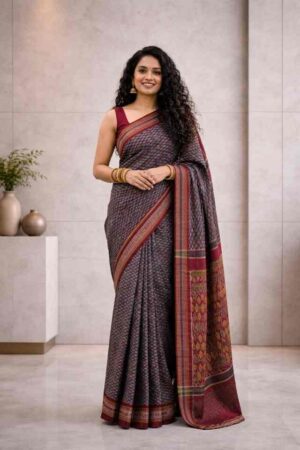 Grey Maroon Pochampally Ikat Saree with Contrast Border & Rich Pallu