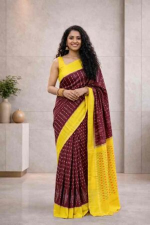 Maroon Pochampally Ikat Saree with Yellow Contrast Border & Designer Pallu