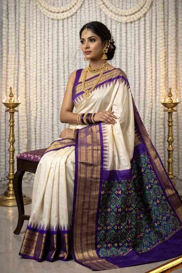 White Pochampally Ikat silk saree with purple contrast border, purple Ikat pallu, and zari woven detailing