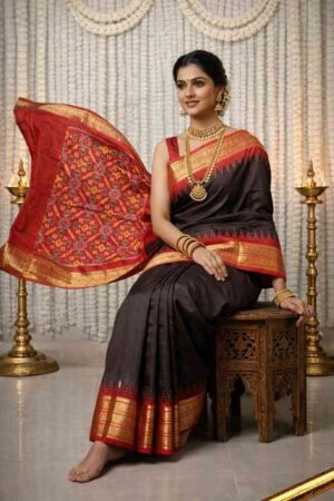 black Pochampally Ikat silk saree with red contrast border, red Ikat pallu, and zari woven detailing