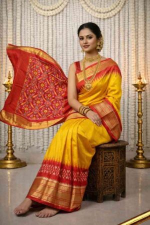 black Pochampally Ikat silk saree with red contrast border, red Ikat pallu, and zari woven detailing