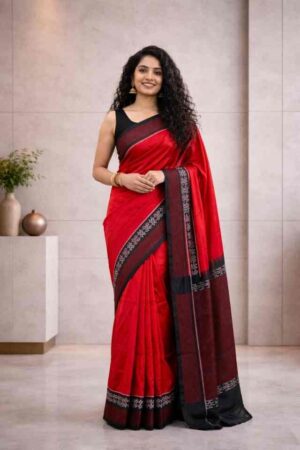 Red Pochampally Ikat saree with black contrast border and traditional woven pallu