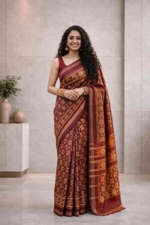 Maroon Red Pochampally Ikat Saree with Traditional Woven Motifs & Rich Pallu
