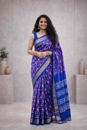 Royal blue multicolor Pochampally Ikat saree with geometric woven pattern and contrast blue pallu