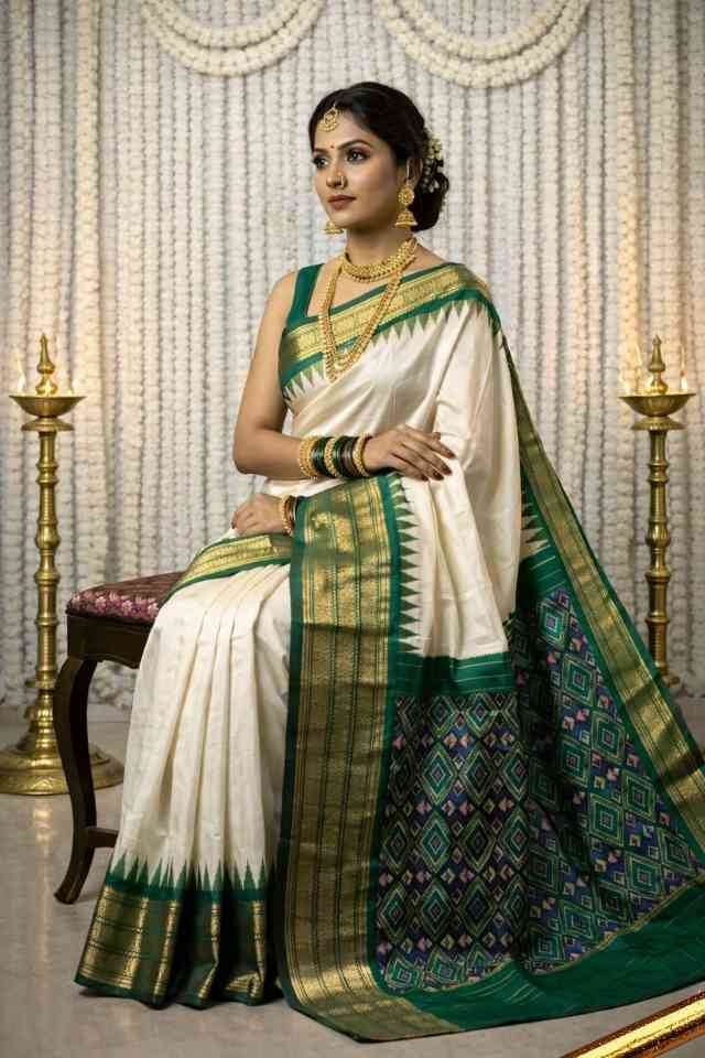 White Pochampally Ikat silk saree with green contrast border, green Ikat pallu, and zari woven detailing