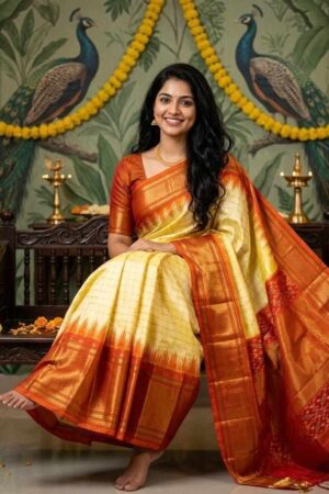 A timeless Pochampally Ikat silk beige saree with a red zari border crafted for graceful festive elegance and traditional celebrations.