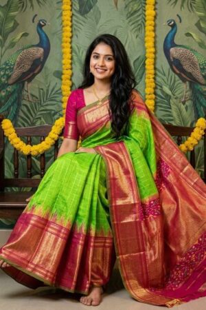 A timeless Pochampally Ikat silk green saree with a red zari border crafted for graceful festive elegance and traditional celebrations.