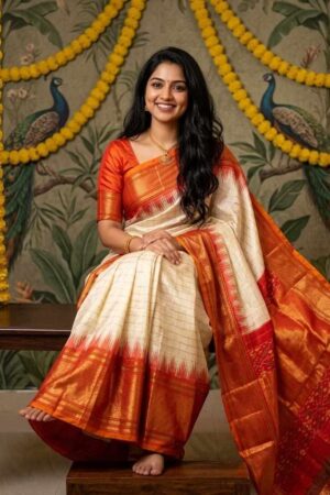A timeless Pochampally Ikat silk ivory saree with a red zari border crafted for graceful festive elegance and traditional celebrations.