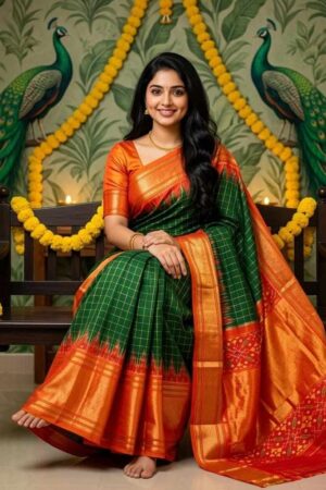 A timeless Pochampally Ikat silk deep green saree with a red zari border crafted for graceful festive elegance and traditional celebrations.