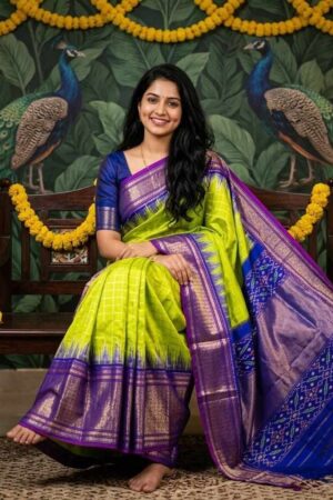 A timeless Pochampally Ikat silk green saree with a royal blue zari border crafted for graceful festive elegance and traditional celebrations.