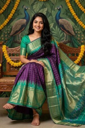 A timeless Pochampally Ikat silk purple saree with a rich green zari border crafted for graceful festive elegance and traditional celebrations.