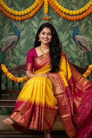 A timeless Pochampally Ikat silk yellow saree with a red zari border crafted for graceful festive elegance and traditional celebrations.