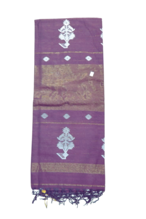 Purple cotton Jamdani saree featuring elegant white woven buti motifs, subtle zari-style highlights, and a graceful tassel finish for vibrant ethnic charm.