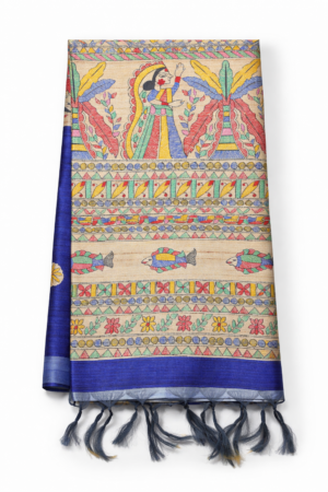 Elegant Royal Blue Linen Saree with Madhubani-Inspired Multicolor Print and Artistic Tassel Pallu