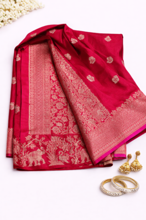Elegant red Russian silk saree featuring delicate silver buti motifs and a richly woven floral pallu for a graceful festive statement.