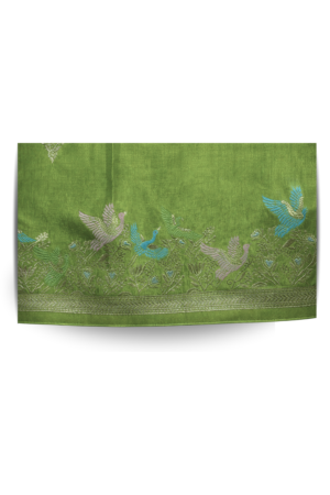 Elegant leaf green Russian silk saree featuring delicate silver buti motifs and an artistic bird woven border for a graceful festive look.