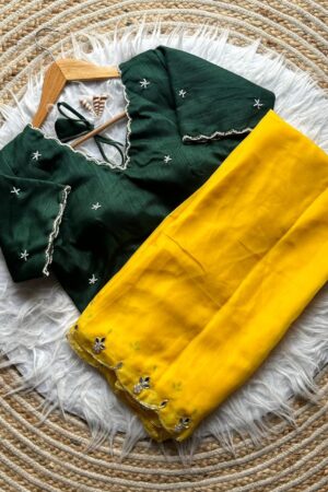 Sunshine Yellow Designer Saree with Deep Green Embroidered Blouse