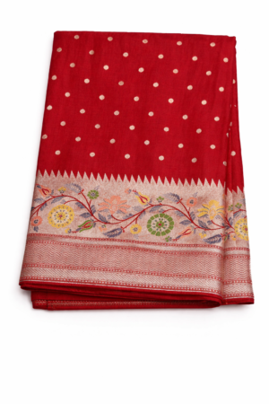 Classic red silk saree adorned with gold buti motifs and a beautifully woven floral zari border for a rich festive look.