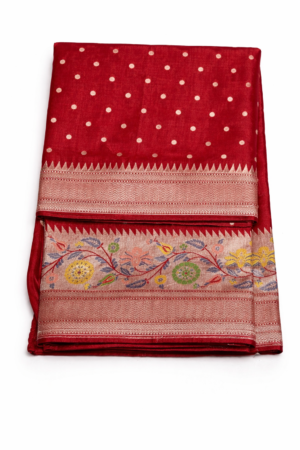 Classic red silk saree adorned with gold buti motifs and a beautifully woven floral zari border for a rich festive look.