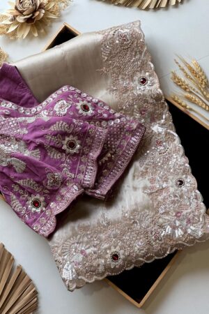 Luxury Beige Cocktail Saree with Hand Embroidery & Stone Work