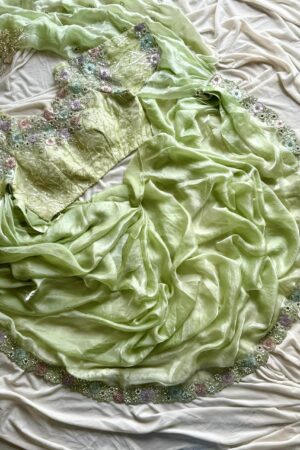 Pista green organza saree with 3D floral embroidery and designer blouse